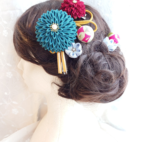 【高級縮緬】アンティーク　着物　大正　女の子　髪飾りセット　希少価値 大正浪漫を感じるレトロカラーの髪飾り つまみ細工 髪飾りセット 緑