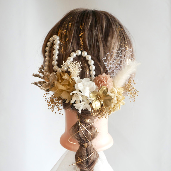 P24  パール　髪飾り　ドライフラワー　水引　白　ゴールド　成人式　振袖　結婚式　卒業式 1枚目の画像