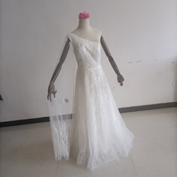 華麗米白色一字肩連身裙，露背，閃閃發光的手工串珠，婚宴/鋼琴音樂會 第1張的照片