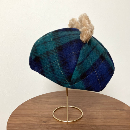 クリスマスカラー タータンチェックのテディベアベレー帽（くま耳帽子