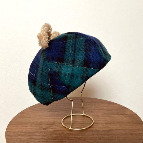 クリスマスカラー タータンチェックのテディベアベレー帽（くま耳帽子