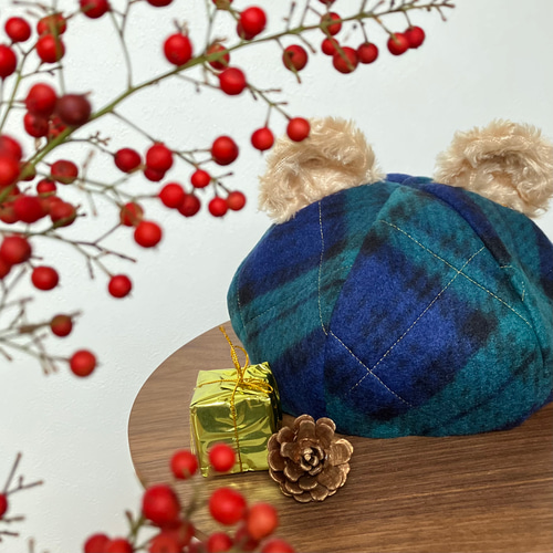 クリスマスカラー タータンチェックのテディベアベレー帽（くま耳帽子