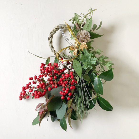 2024 お正月飾り 南天とミモザの葉 しめ縄・しめ飾り NAORI &STARRY