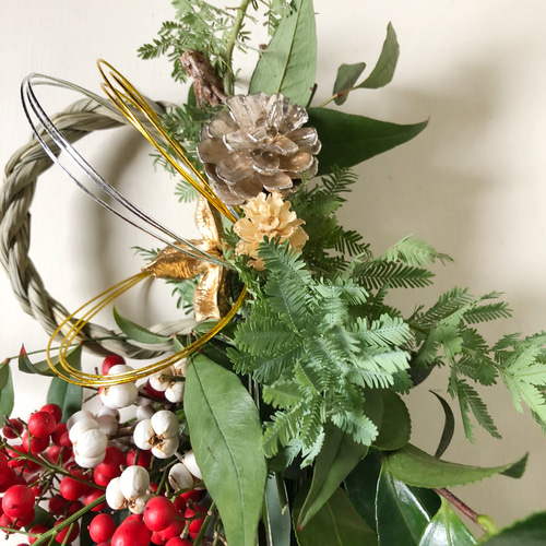 2024 お正月飾り 南天とミモザの葉 しめ縄・しめ飾り NAORI &STARRY