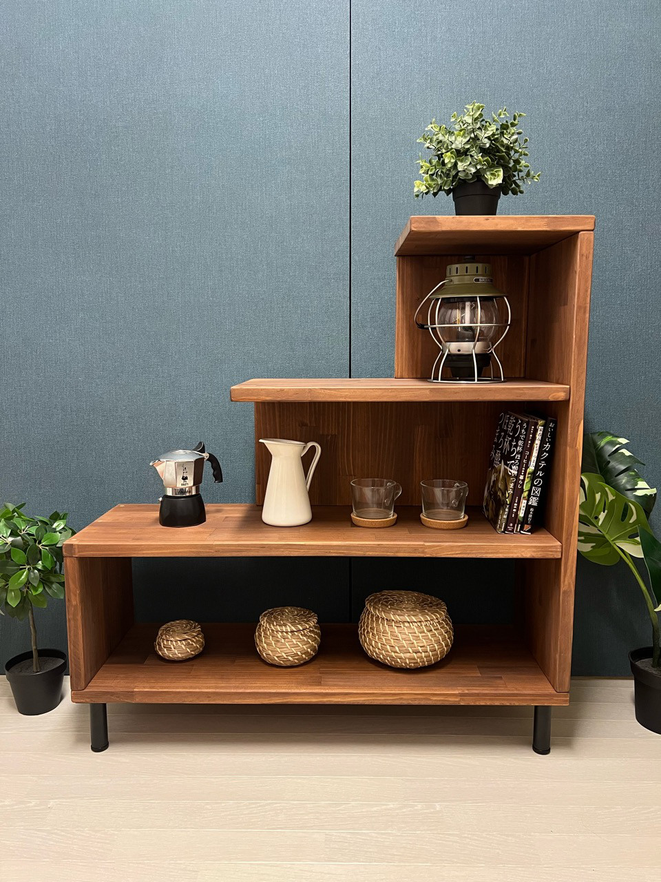 【送料無料】 シェルフ 階段 90cm 30cm パイン ウォルナット調 固定脚