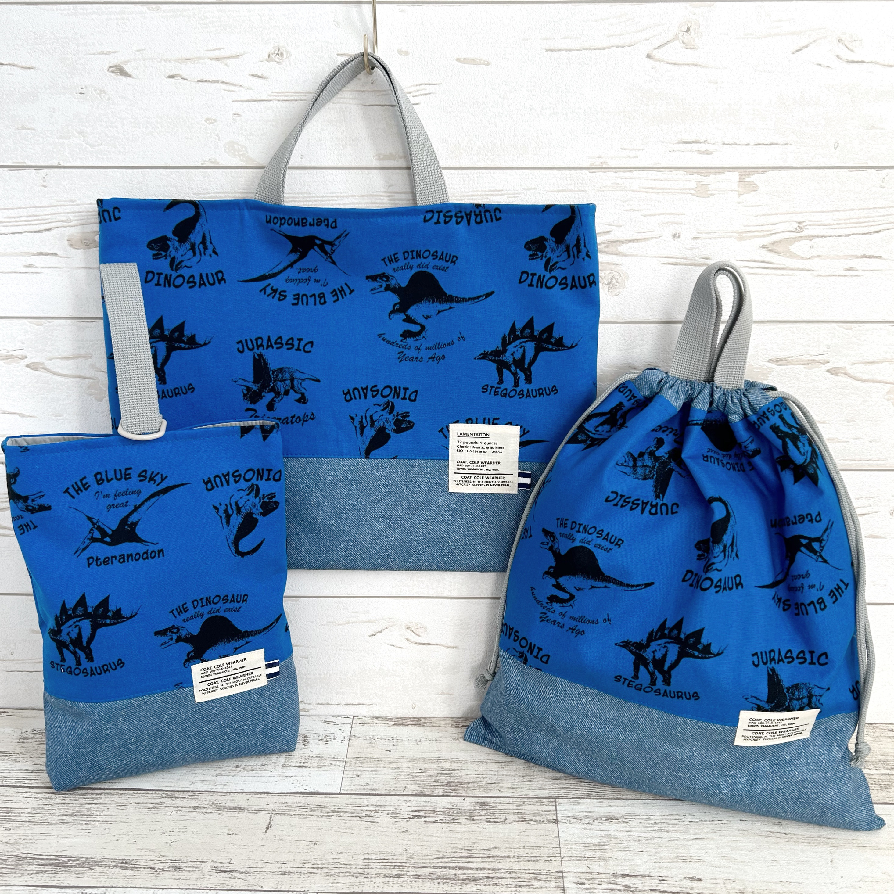 【サイズ選べる】入園入学3点セット（ブルー恐竜）小学校　幼稚園　保育園　男の子