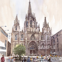 透明水彩画 モンマルトル サクレクール寺院 パリ 原画 街並み、 水彩紙