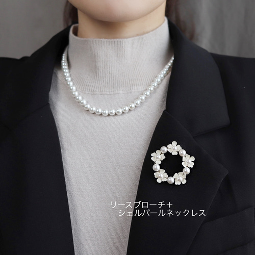選べる・白花パールブローチ＋パールネックレスのセット