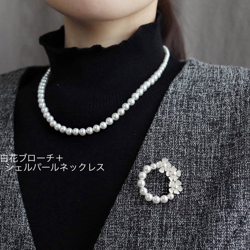 選べる・白花パールブローチ＋パールネックレスのセット ブローチ MI.f