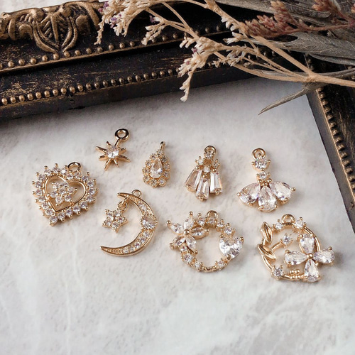 14KGF☆ジルコニア チャーム パーツ 花 星 月 雫 しずく ドロップ