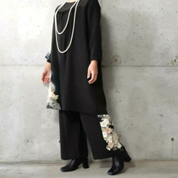 絹生地　鶴　ギャザーワンピース　パンツ MLサイズ　セットアップ　八分袖 着物リメイク　普段着 6枚目の画像