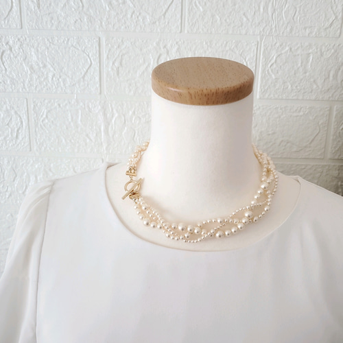 3連パール 三つ編みネックレス ［結婚式 入学式 卒業式に］ ネックレス