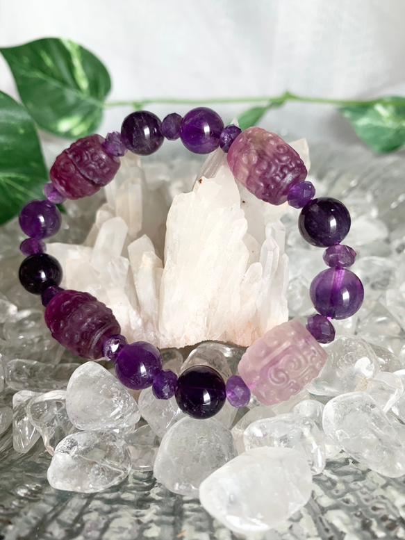 フローライト回文珠☆ウルグアイ産アメジストのパープルブレスレット  