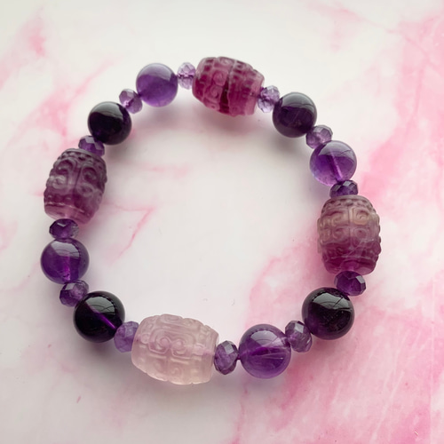 フローライト回文珠☆ウルグアイ産アメジストのパープルブレスレット  