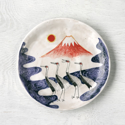 紅富士和一群鶴，木版印刷風格的彩色平板 第1張的照片