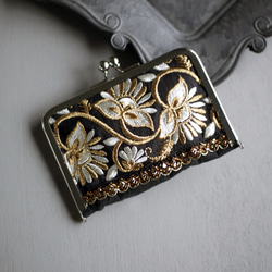 インドブレードがま口カードケース スパンコール刺繍 花柄 ゴールド