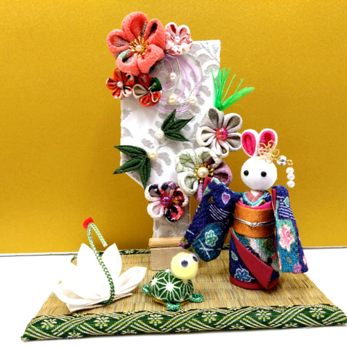 ハンドメイド 羽子板飾り 鶴と亀