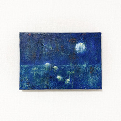 原画 油絵 海夜のレモン 夜の海のアート 抽象画  SM/サムホール スタイリッシュ ネイビーブルー モダンアート 1枚目の画像
