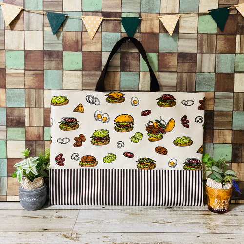 アメリカン ☆ハンバーガー  レッスンバッグ ハンドメイド 入園グッズ ☆新作☆ アメカジ風 ハンバーガー チーズハンバーガー レッスンバッグ