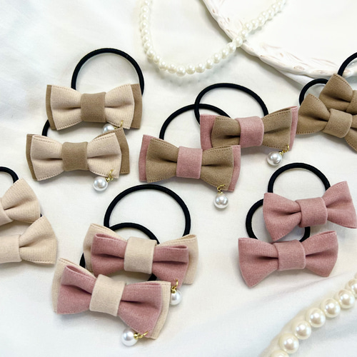 No.36リボンヘアゴム☆ ゴールドハートライン☆ベージュ