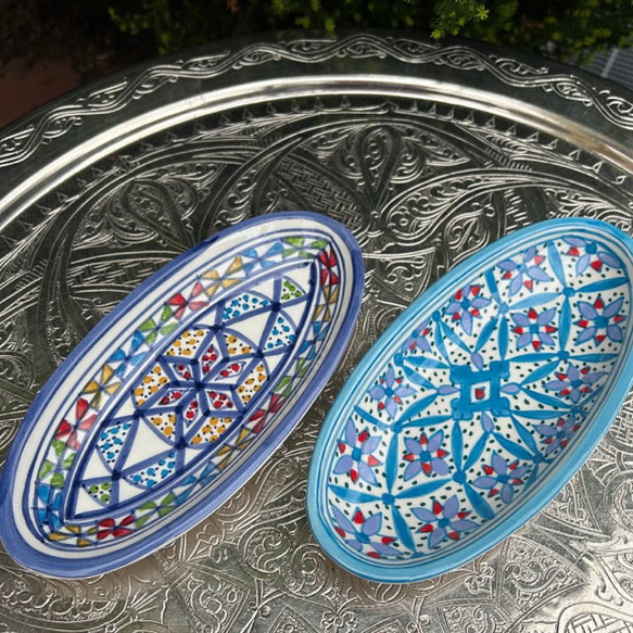 チュニジア・ナブールの陶器 19cmオバール皿 2枚セット テンション