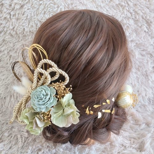 ヘッドパーツ 髪飾り オレンジ×グリーン×パープル 差し色ブルー ヘッドパーツ 髪飾り オレンジ×グリーン×パープル 差し色ブルー