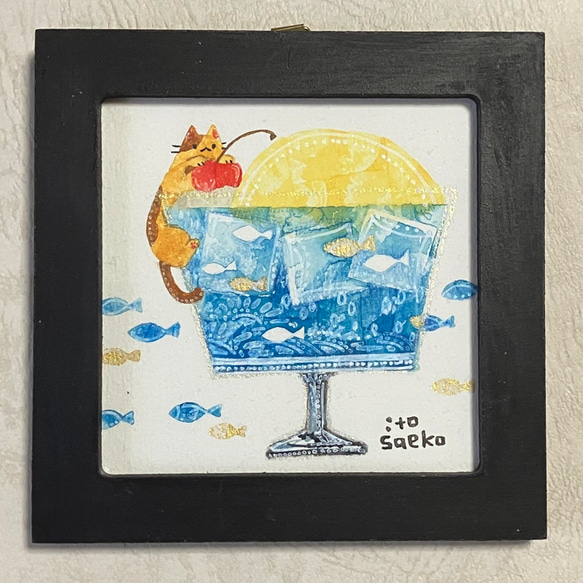 ミニフレーム原画「7月のクリームソーダとネコ」 2枚目の画像