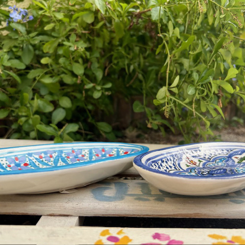 チュニジア・ナブールの陶器 19cmオバール皿 2枚セット 人を酔わす青