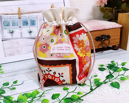 ☆彡SALE☆彡 綿麻パッチワーク風生地 フリル口巾着ポーチ♡ ポーチ 