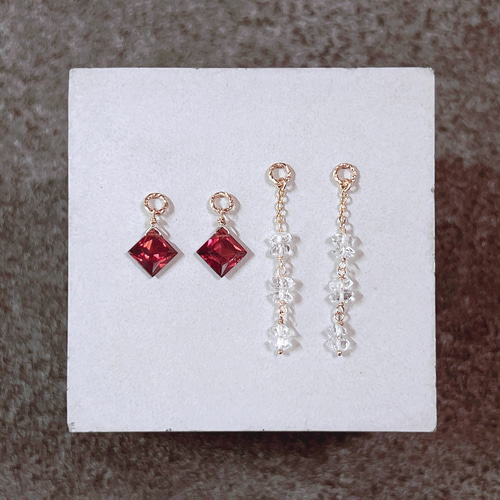 drip-】14KGF ガーネット ハーキマーダイヤモンド 天然石 3WAY ピアス 