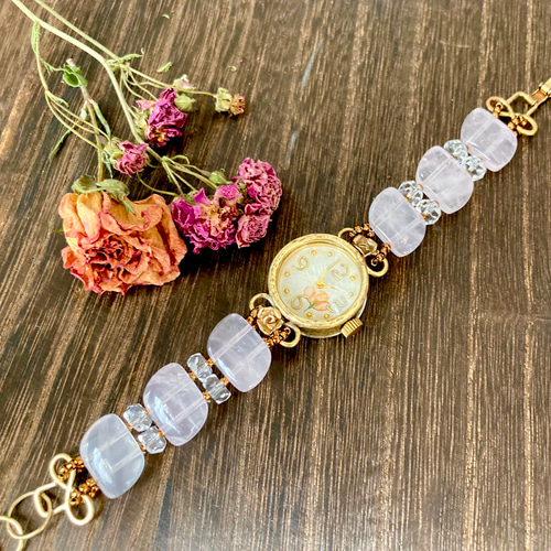 天然石腕時計 No.26~「薔薇に包まれて」 腕時計 LUNA SHIP ~彫金