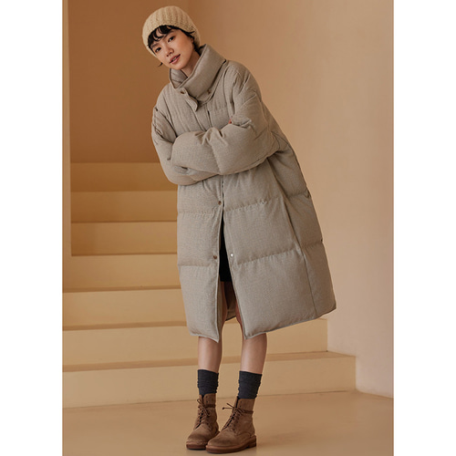 細かい格子ダウンコート 取り外し可能襟 暖かいロングダウンコート