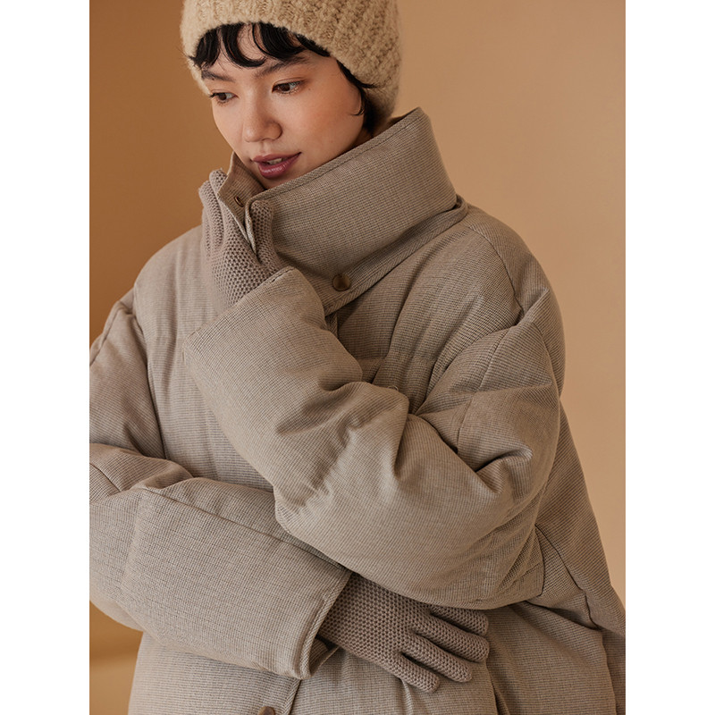 細かい格子ダウンコート　取り外し可能襟　暖かいロングダウンコート　防風　S-M#439