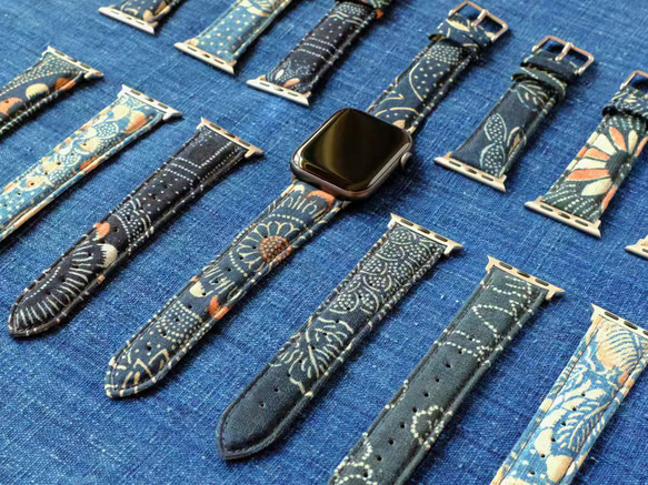 アップルウォッチバンド Apple Watch バンド オリジナルデザイン 手縫い製作 古代の染め方 贅沢古い綿 本革 1枚目の画像