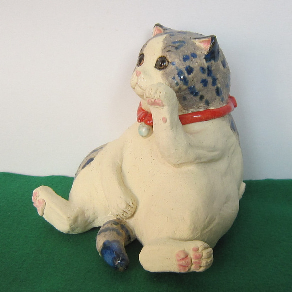 スコ座り招き猫　青縞斑　1点物　陶器　縁起物　置物　c21 4枚目の画像