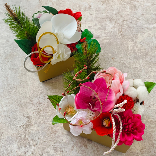 お正月アレンジメント お正月置物 胡蝶蘭 造花 ピンク アートフラワー