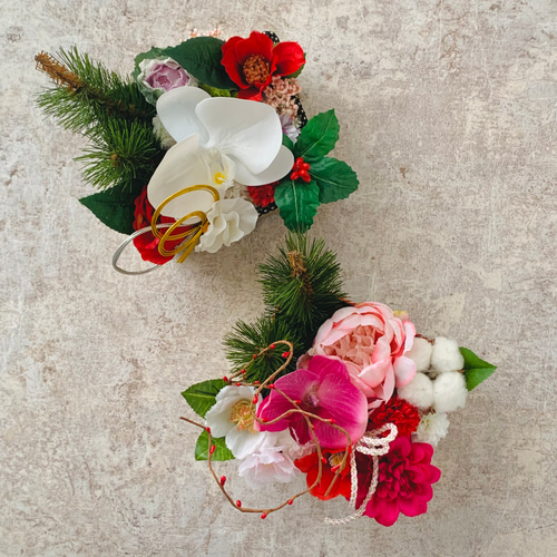 お正月アレンジメント お正月置物 胡蝶蘭 造花 ピンク アートフラワー