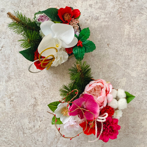 お正月アレンジメント お正月置物 胡蝶蘭 造花 ピンク アートフラワー