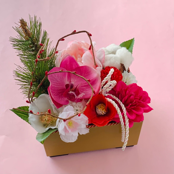 お正月アレンジメント お正月置物 胡蝶蘭 造花 ピンク アートフラワー