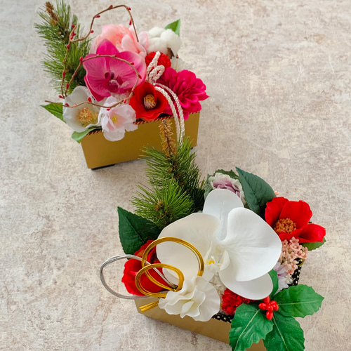 お正月アレンジメント お正月置物 胡蝶蘭 造花 ピンク アートフラワー