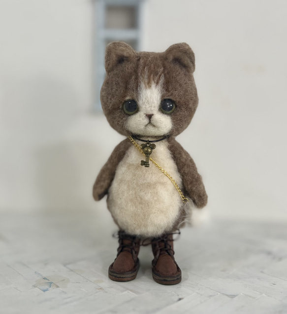 うさ耳帽子のごーぐるにゃんこ 羊毛フェルト ねこ　ぬいぐるみ　 6枚目の画像