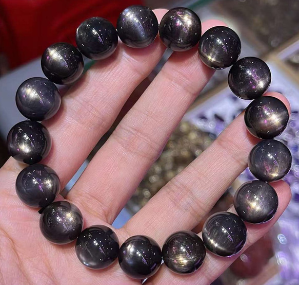 12.5mm 天然無処理 ブラックサンストーン ブレスレット ブレスレット 