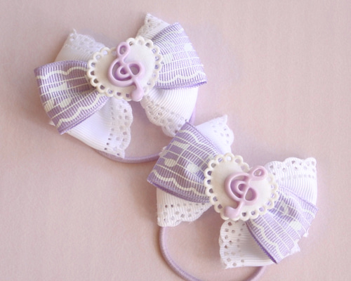 G-27】音符＆レースリボンのゴージャスヘアゴム 2個セット ＊ト音記号