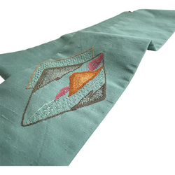 【手軽にお太鼓-作り帯】正絹　名古屋帯　刺繍　グリーン 12枚目の画像