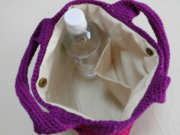 ちょっとお買い物！手編みミニトートバッグ 　赤紫　松編み　 8枚目の画像