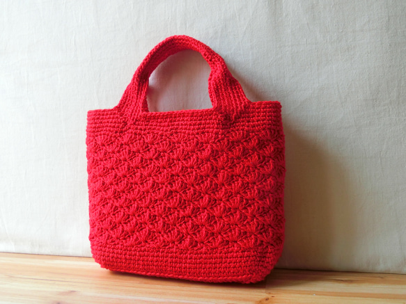 ちょっとお買い物！手編みミニトートバッグ 　赤紫　松編み　 10枚目の画像