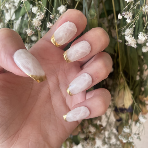 ゴールドミラーフレンチ×ホワイトニュアンス ネイルチップ（つけ