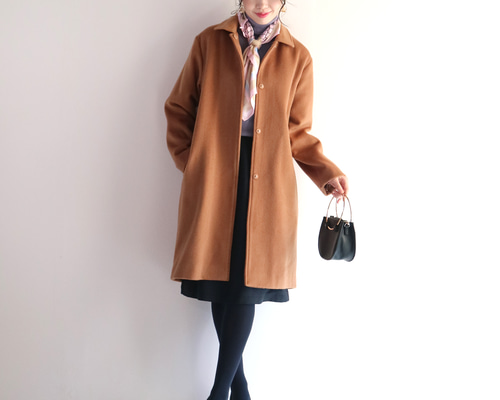New【キャメル】高級ソフトウール混ポケット付きステンカラーコート