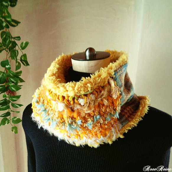 絵画なパッチワーク♥ふわふわボリュームスヌード♥ネイビー イエロー