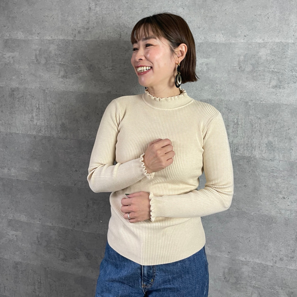 温活あったか3枚セット♡お得 大人可愛い首元＆袖フリルリブニット【フリー】紺レンガベージュ KMC-740 811786 4枚目の画像